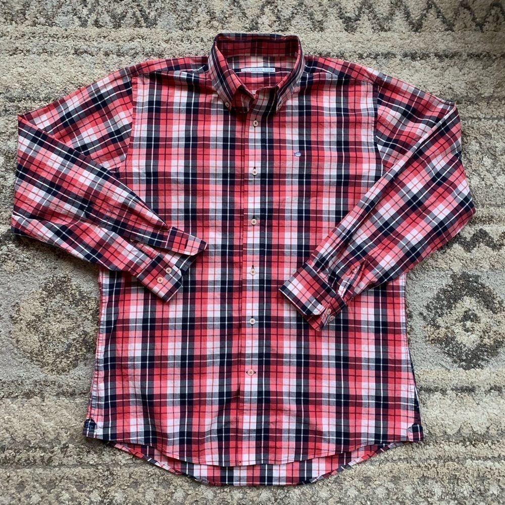Southern Tide Pink Black Oxford Plaid Button Down Medium